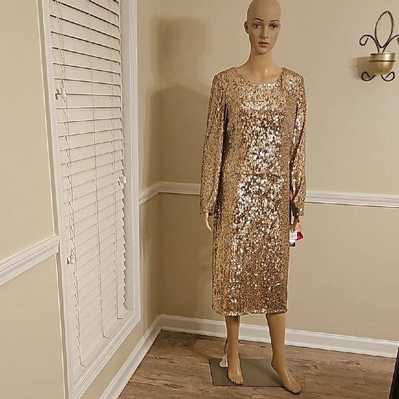 Xscape | Dresses | Gold Sequin Long Sleeve Dress | Poshmark